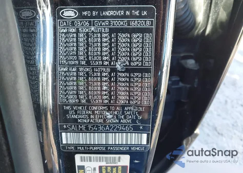 2006 Land Rover Range Rover Hse из США, поврежденный, VIN SALME15436A229465